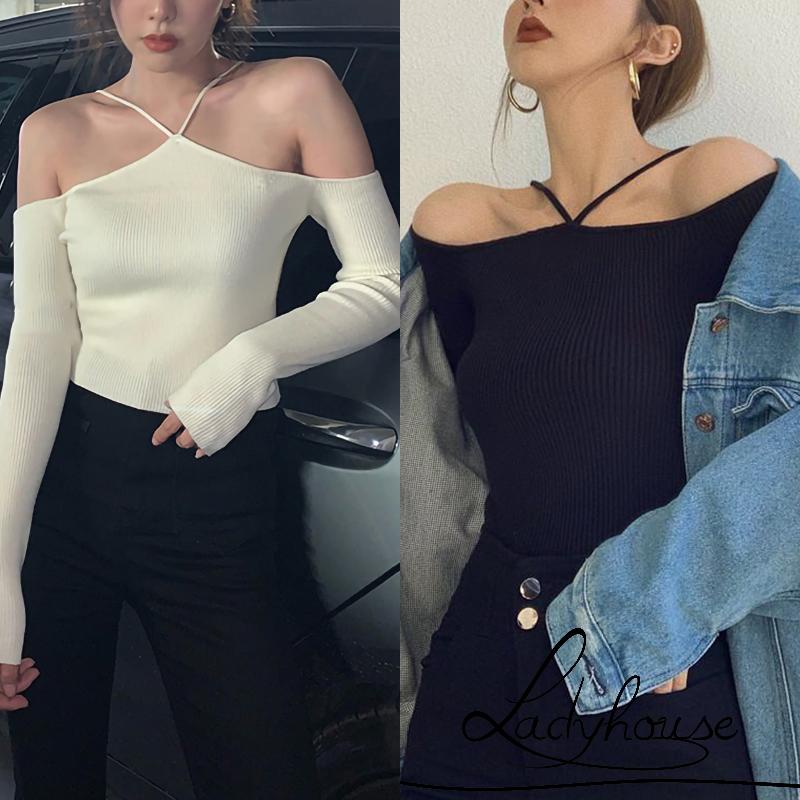 LD-Áo Dệt Kim Trễ Vai Màu Trơn Phong Cách Hàn Quốc Dành Cho Nữ