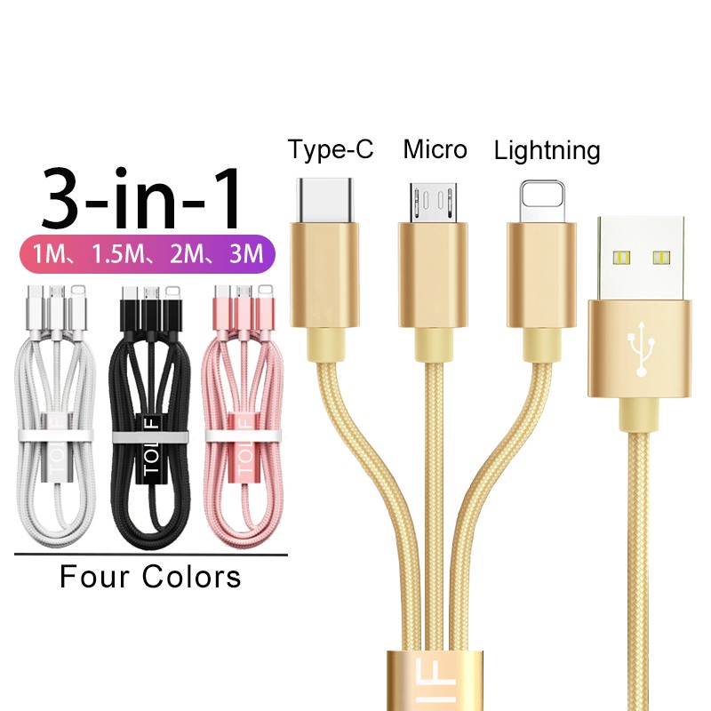 Dây Cáp Sạc Sợi Nylon 1m 1.5m 2m 3m 3 Trong 1 Cổng Micro Usb Type C Cho Apple Ios Iphone Ipad 5 6 7 8 X Xs Xr 10 11 12 Se Plus Pro Max