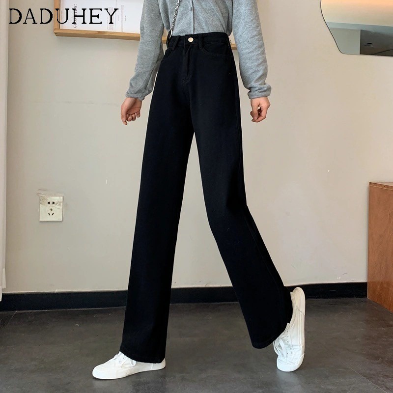 Daduhey Quần jean lưng cao ống suông rộng thiết kế thời trang mới cho nữ