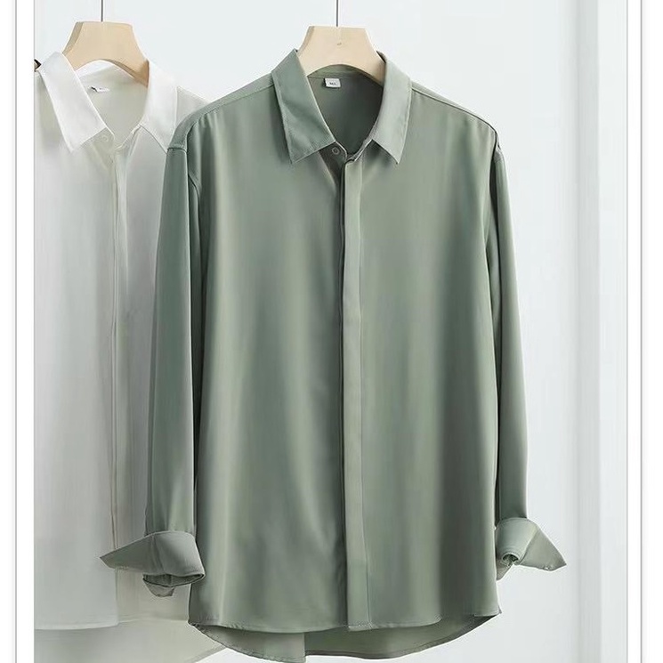 Áo sơ mi dài tay giấu cúc basic nam nữ unisex form rộng cực đẹp, chất vải lụa trơn Hàn cao cấp mịn chống nhăn, mặc 4 mùa