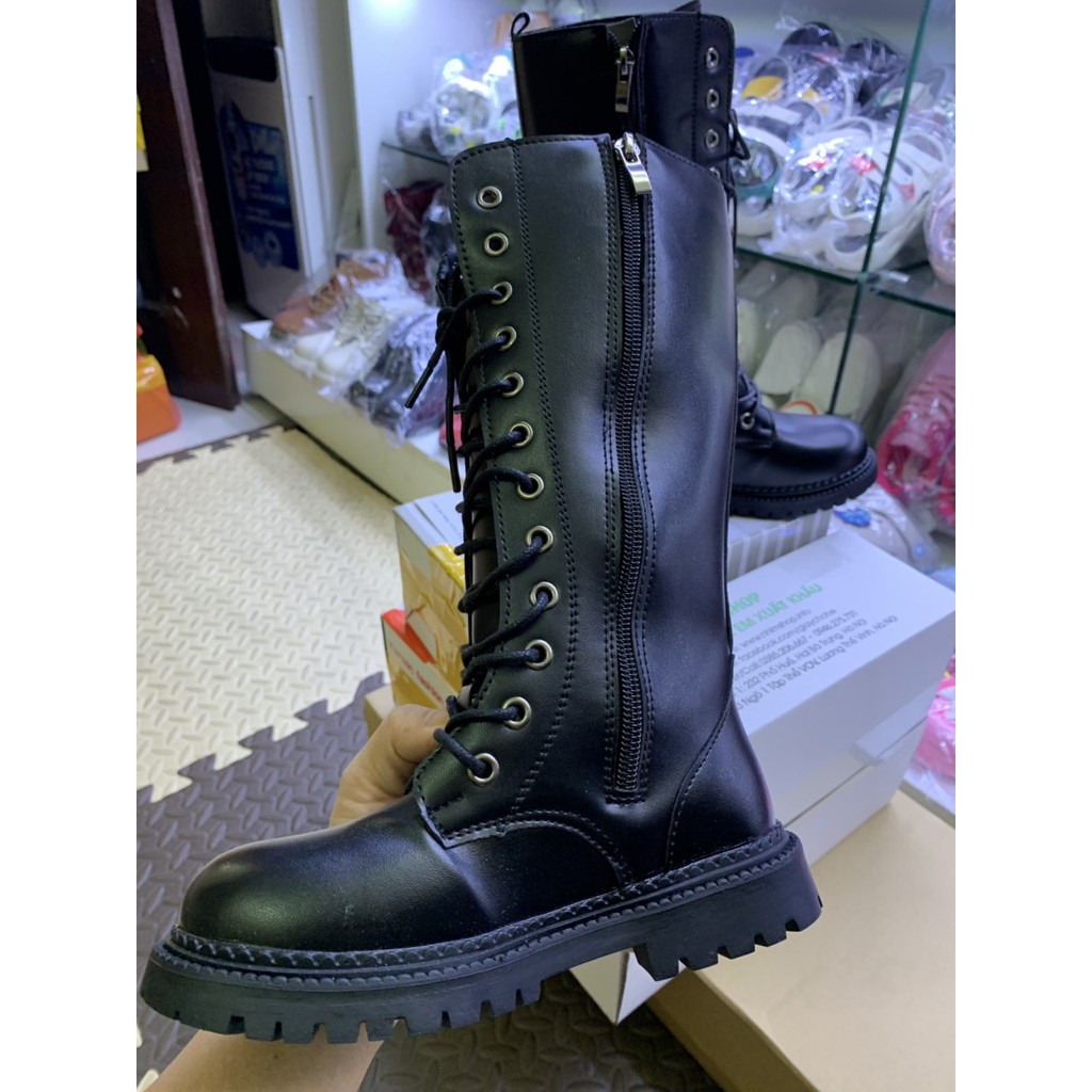 Boot da cao cổ màu đen khóa kéo cột dây sành điệu cho bé gái 5 - 12 tuổi LIMIBBAY cá tính đi tiệc diễn thời trang GC47