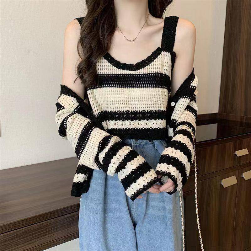 Áo Cardigan Dệt Kim Kẻ Sọc Rộng Bộ Hai Mảnh Có Dây Đeo Áo Ngắn Cho Nữ
