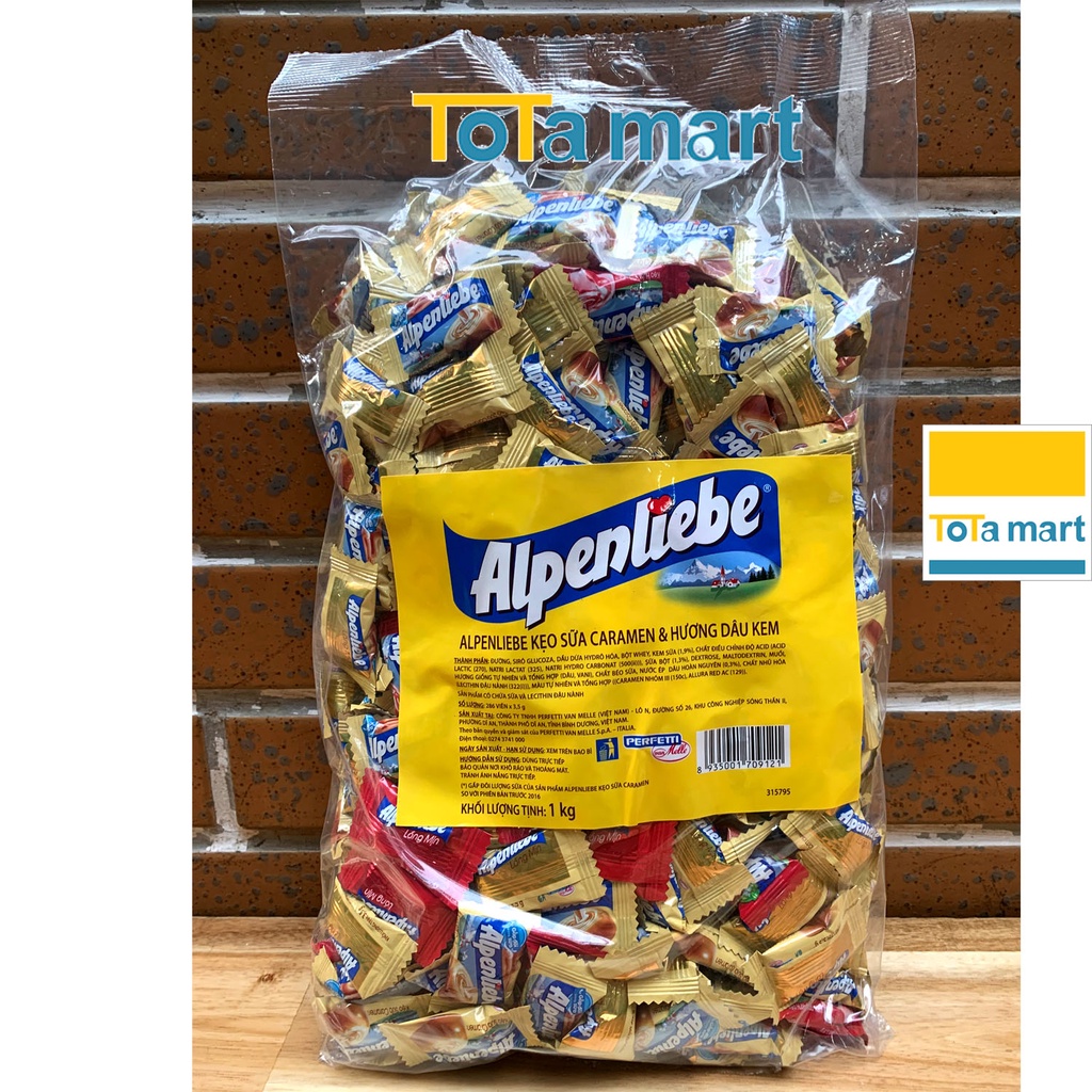 Kẹo ALPENLIEBE gói 1kg sữa caramen và hương dâu kem, trà cam quế bưởi mật ong