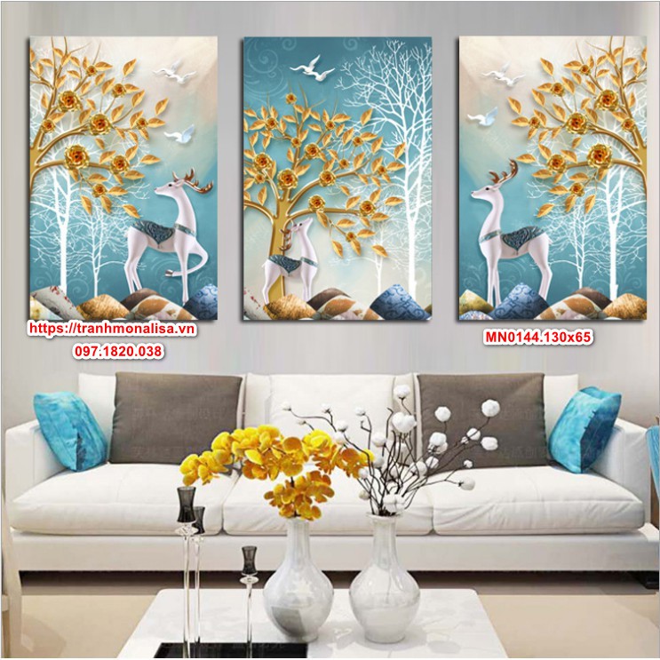 Tranh thêu kín Hươu xanh ngọc bích (bộ 3 bức) 130x65 - 165x80cm
