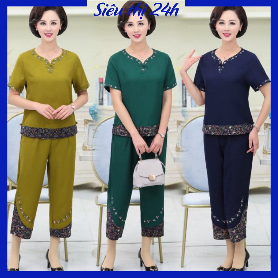 Đồ bộ trung niên mặc nhà tay ngắn thêu hoa cho mẹ Siêu thị 24 giờ form rộng bigsize từ 40-95kg ĐBH.18