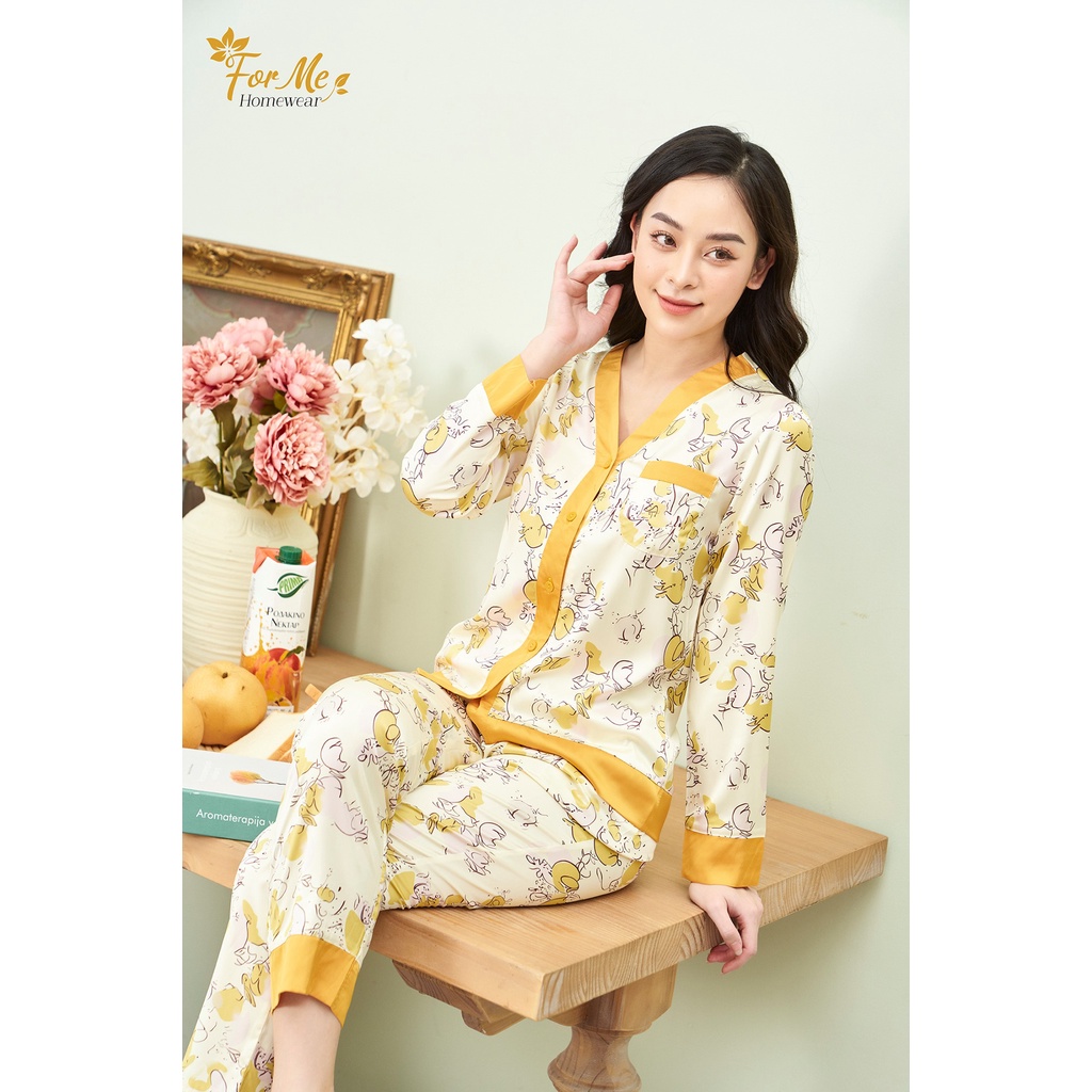 Bộ đồ ngủ, mặc nhà chất Lụa Giấy Luxury Dài Tay Bộ Hoa cổ tim 04 ,forme pijama