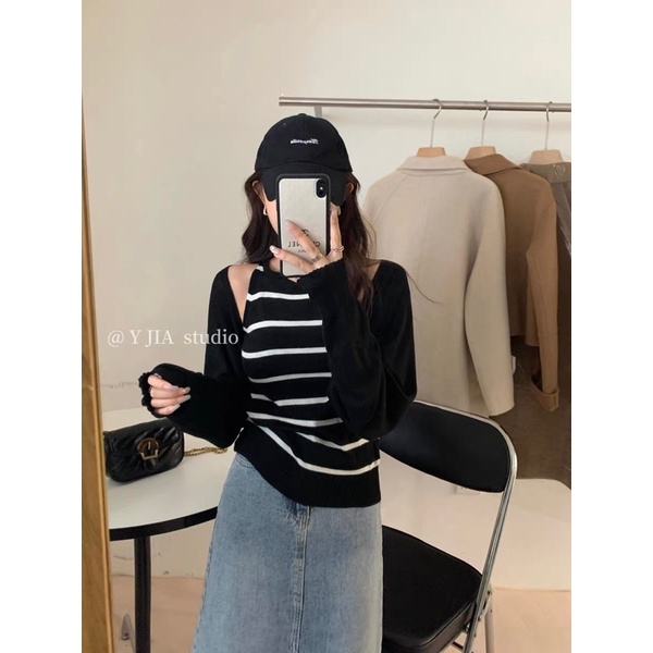 Set áo len kẻ sọc kèm áo khoác len