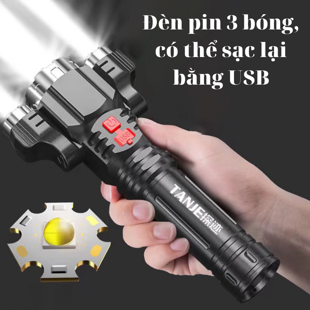 Đèn Pin Cầm Tay Siêu Sáng 3 Bóng Kèm Pin và Sạc