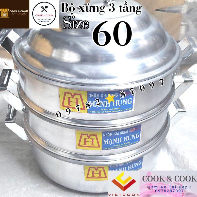 [FREESHIP 0Đ TOÀN QUỐC] Bộ xửng hấp 3 tầng size 60 nhôm Mạnh Hùng chuyên Hấp bánh bao/ hải sản/ thực phẩm