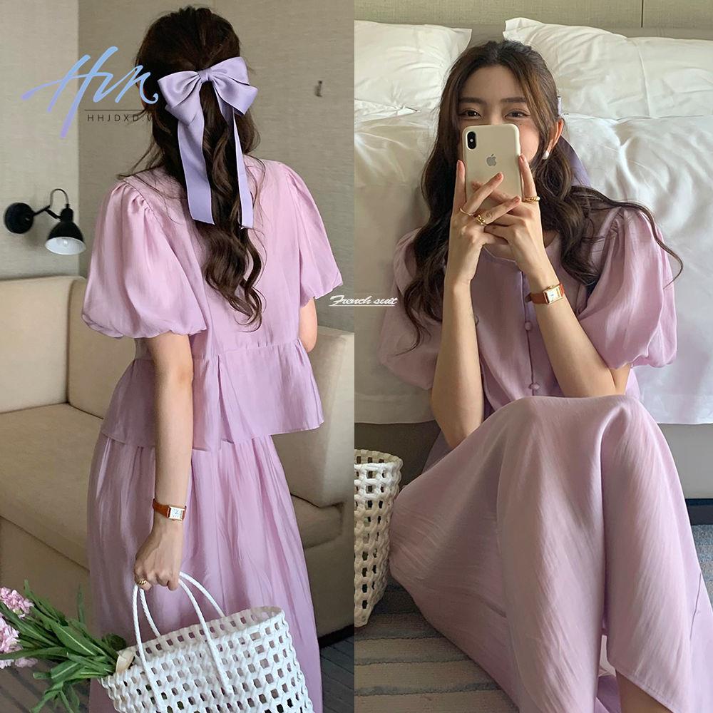 Bộ Áo Sơ Mi Tay Phồng + Chân Váy Màu Sắc Mơ Mộng Thanh Lịch Cá Tính Thời Trang Mùa Hè Cho Nữ