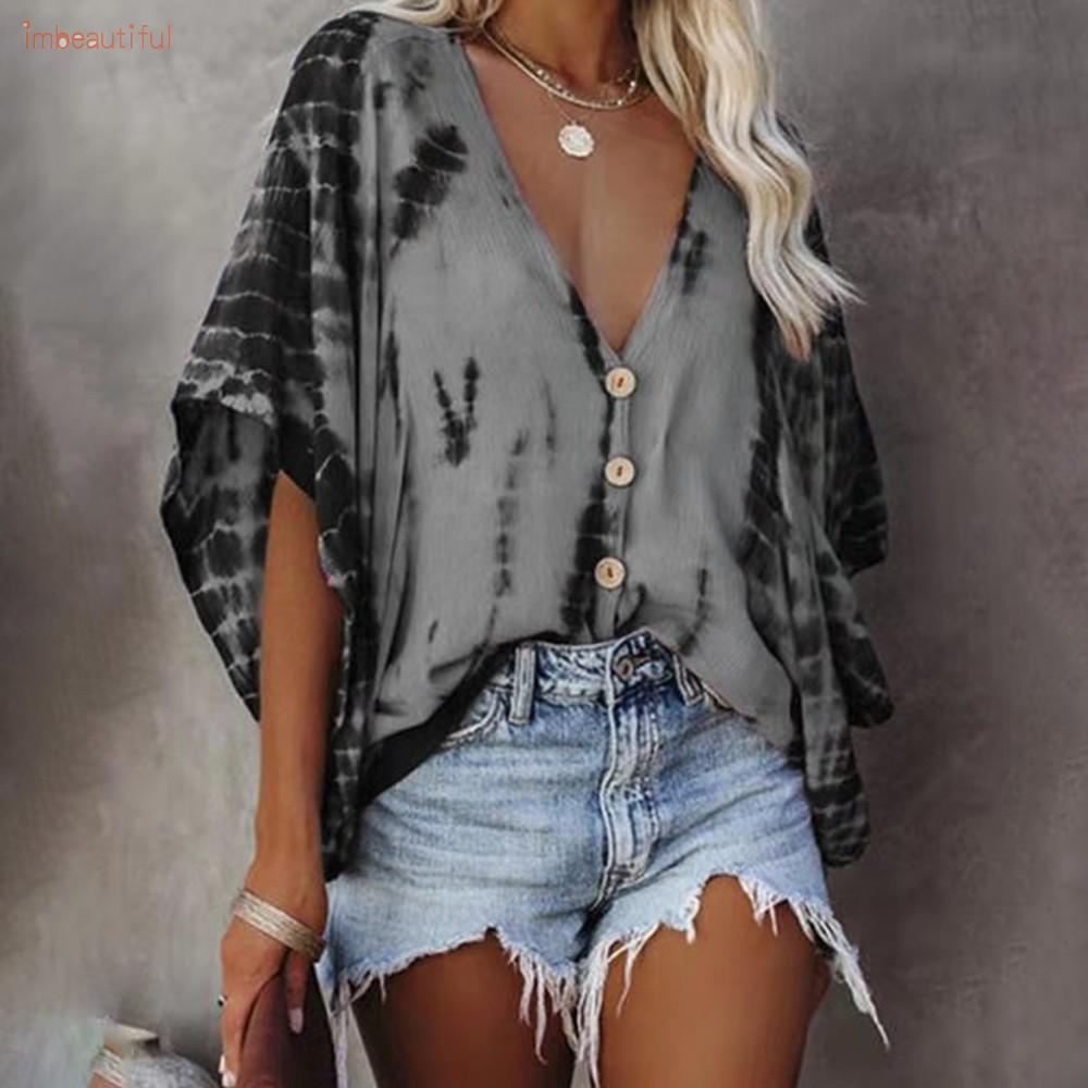 T-Shirt Bat Sleeve Casual Plus Size Summer Tee Tops Tie-dye V Neck Practical