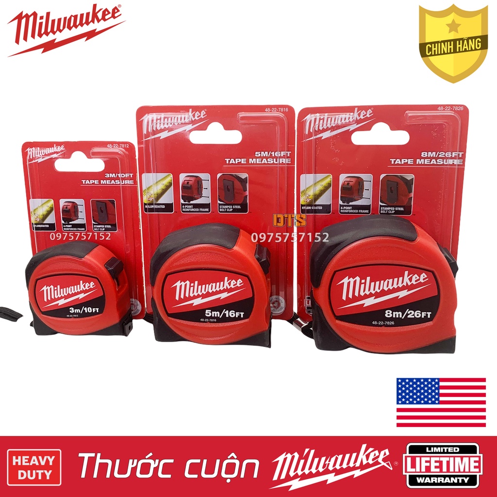 Thước kéo cao cấp Milwaukee Mỹ siêu bền đủ size, thước cuộn thép công nghiệp độ chính xác cao tuyệt đối, vỏ chống va đập