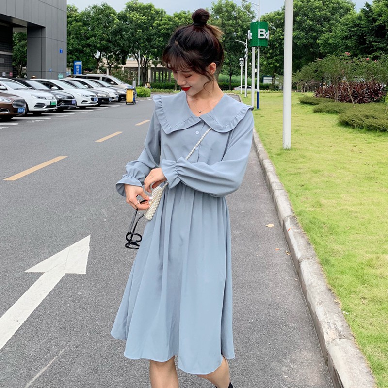 🌸Xả Có Hạn🌸Đầm Xanh Tay Dài Phối Cúc Xinh Xắn Theo Phong Cách Hàn Quốc