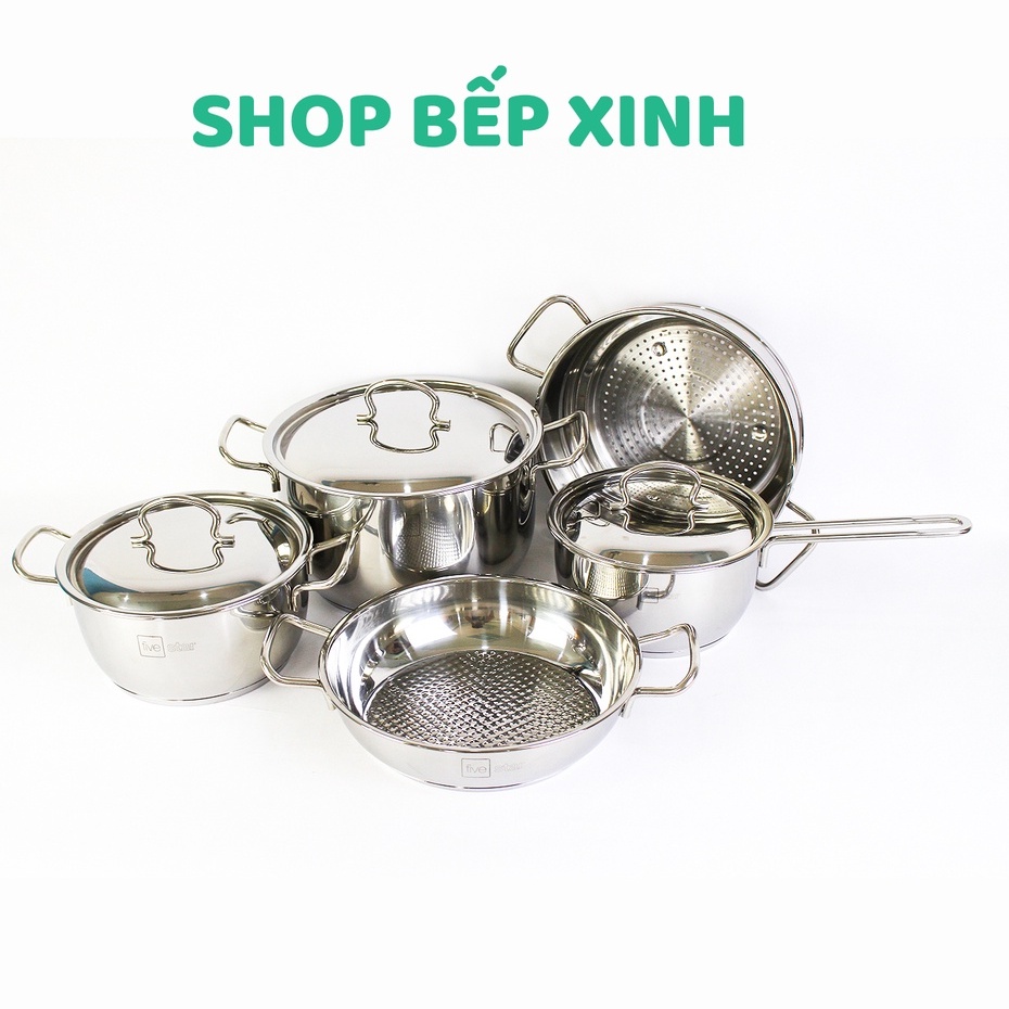 Bộ Nồi Chảo 3 Đáy Inox 430 Cao Cấp Fivestar Standard 6 món nắp inox, tặng 2 vá canh