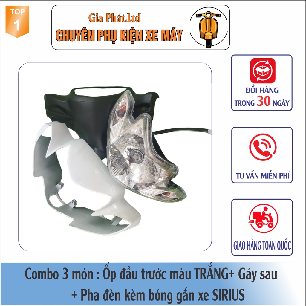 Bộ ốp đầu màu TRẮNG gắn xe SIRIUS đầy đủ Ốp đầu trước, Gáy sau và Pha đèn kèm bóng