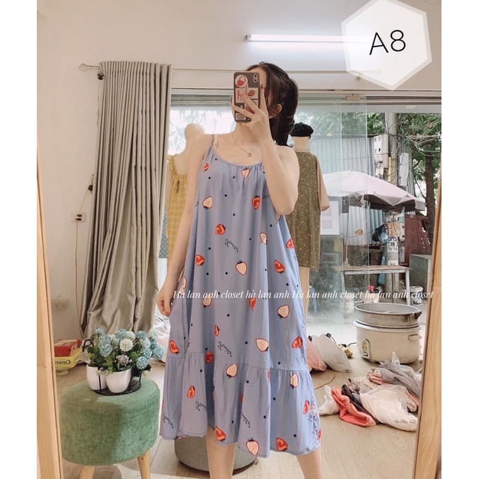 Váy lanh bầu sát nách, 2 dây, đồ bầu ngủ dáng xuông, mặc nhà mùa hè cho bầu, béo, sau sinh