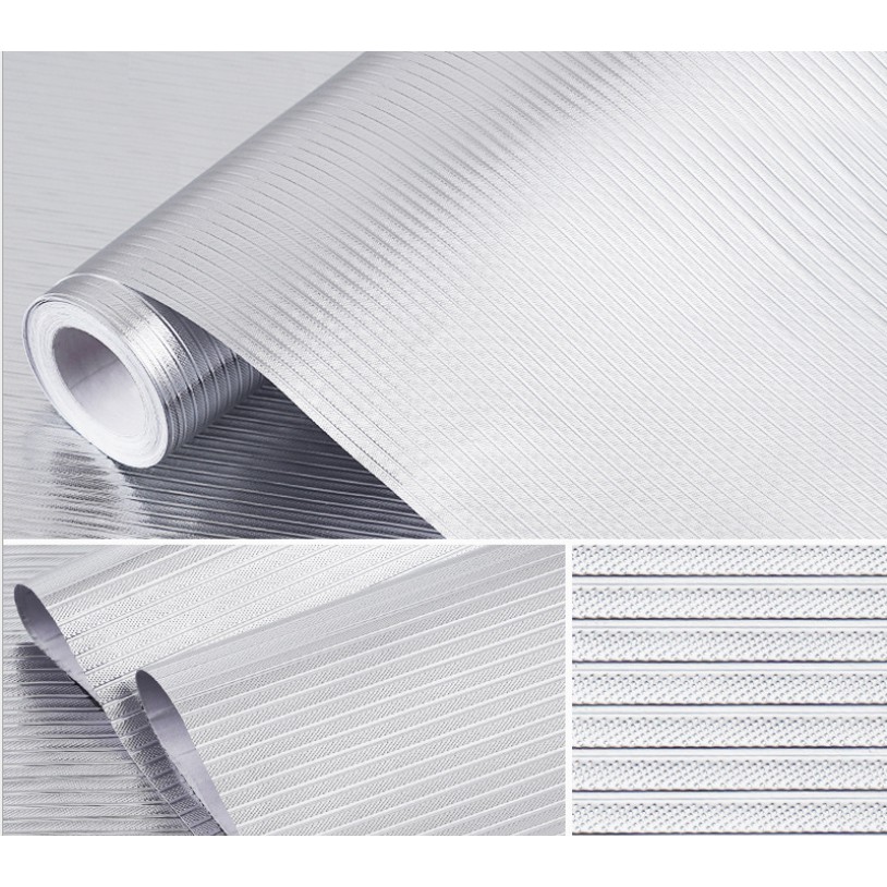 Decal giấy dán bếp tráng nhôm cách nhiệt SỌC BẠC NGANG khổ 60cm keo sẵn (giá 1m dài)