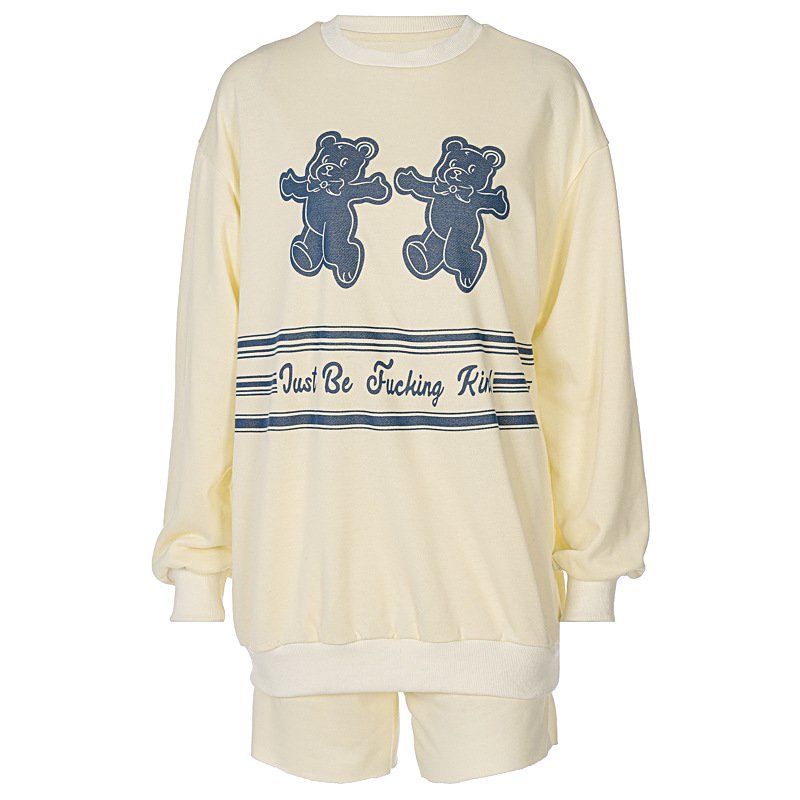 Set áo tay dài dáng rộng in chữ + quần short trơn màu thời trang cho nữ