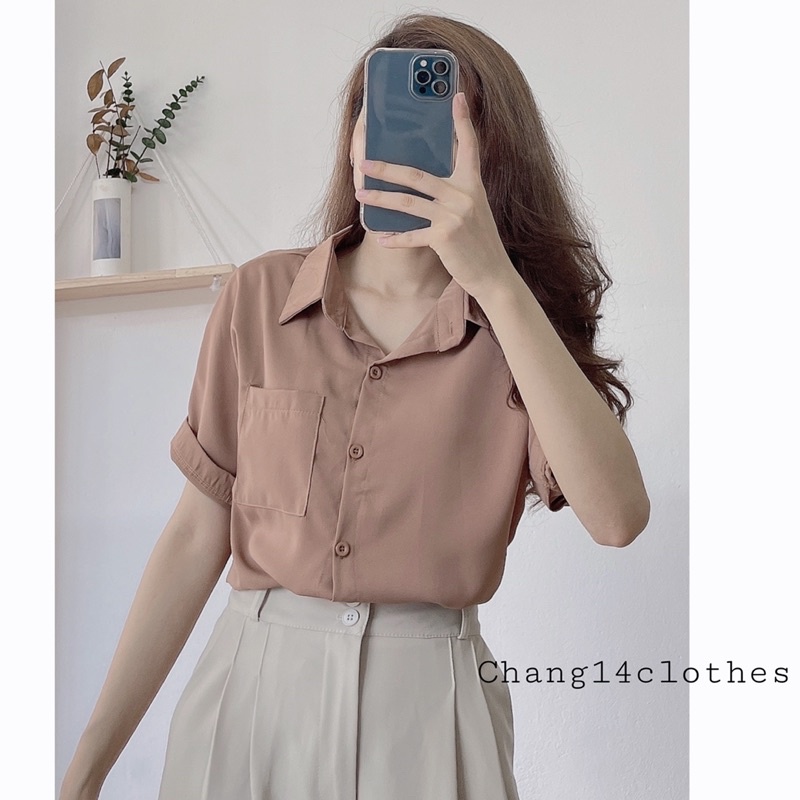 Áo sơ mi lụa nư ngắn tay có túi phong cách đơn giản công sở