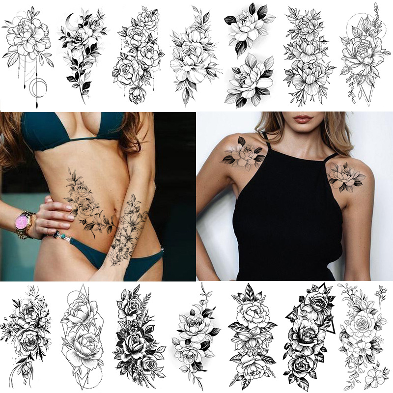 Sexy Flower Pattern Waterproof Durable Men and Women Tattoo Stickers/ Rose Flower Adult Neck Arm Hands Temporary Tattoos