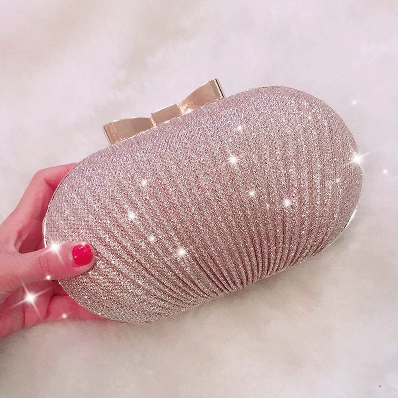 Clutch cầm tay đi tiệc màu be hình bầu dục , đính đá sequin lấp lánh T589