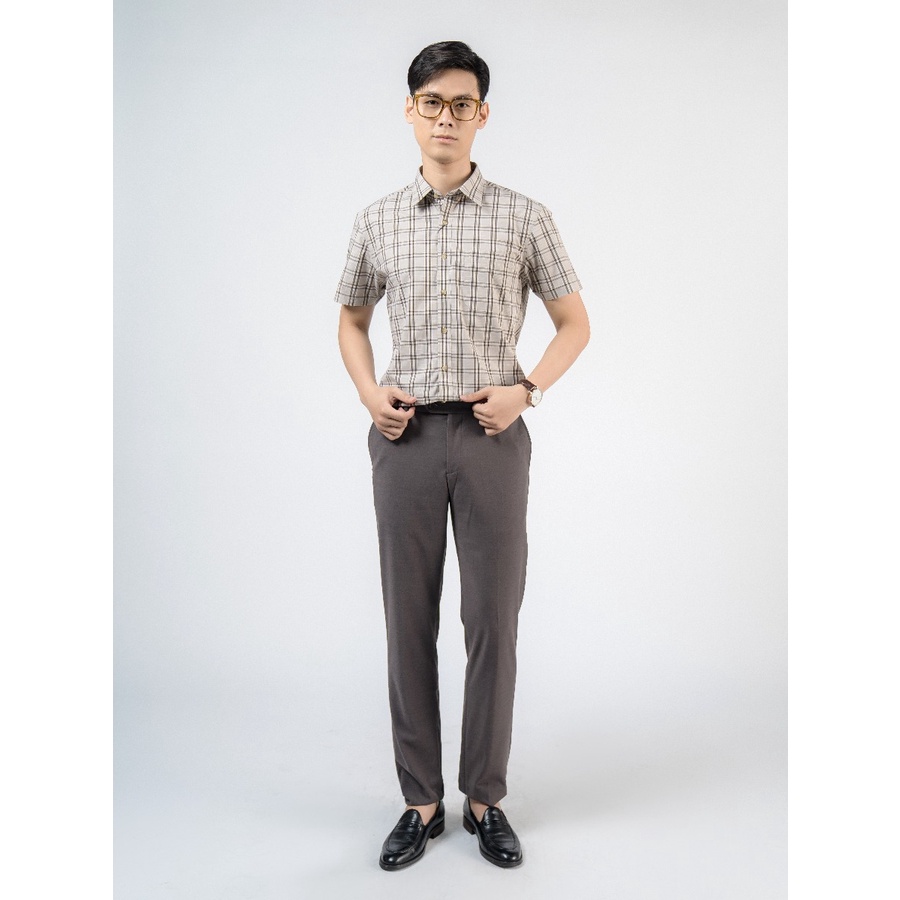 Áo sơ mi nam ngắn tay OWEN AR220128NT somi công sở vải sợi tre cao cấp màu caro nâu trắng ghi dáng suông tà lượn có túi