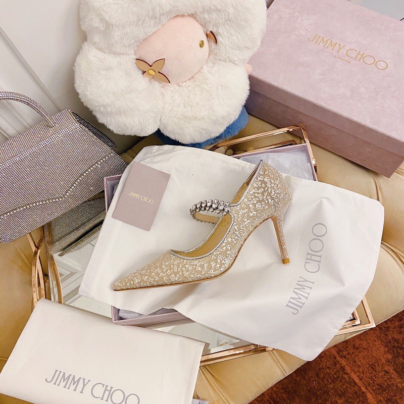Giày cao gót mũi nhọn 8.5cm Jimmy Choo 2021 da thật cao cấp thiết kế có quai