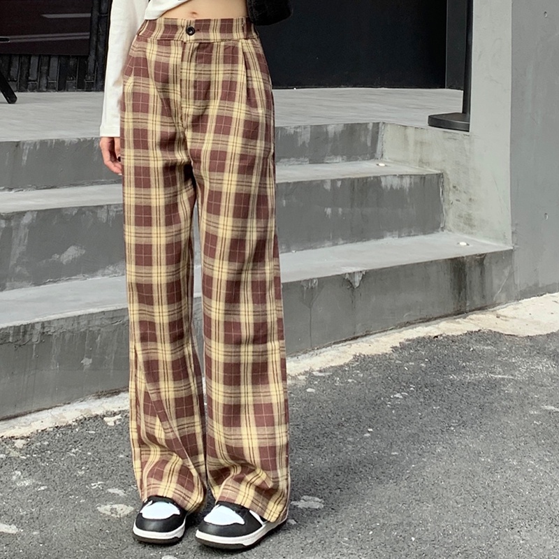 Quần dài SUXI ống rộng họa tiết caro thời trang cổ điển dành cho nữ