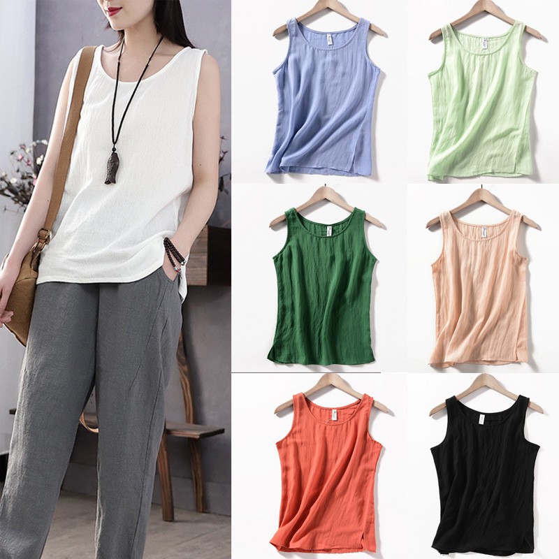 Áo vải lanh không tay thời trang phong cách Hàn Quốc size M-XL