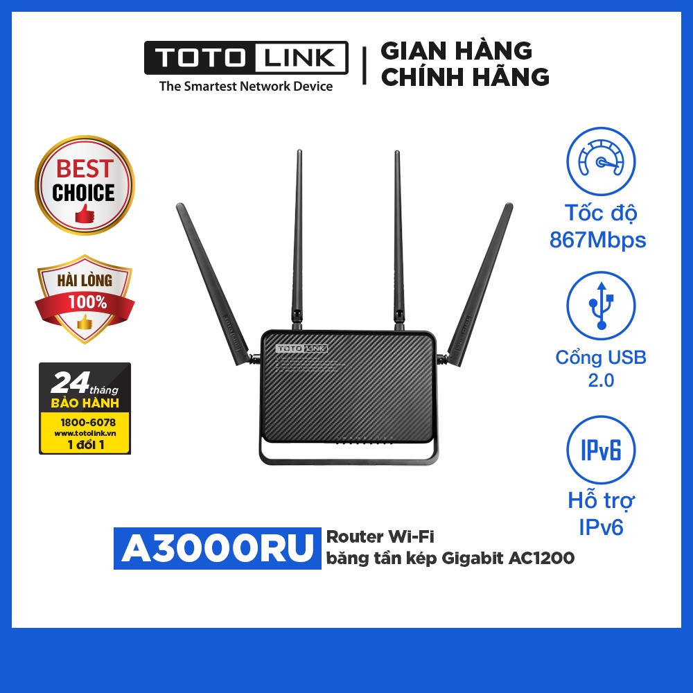 TOTOLINK A3000RU - Router Wi-Fi băng tần kép Gigabit Chuẩn AC 1200Mbps Cục phát wifi - Hãng phân phối chính thức