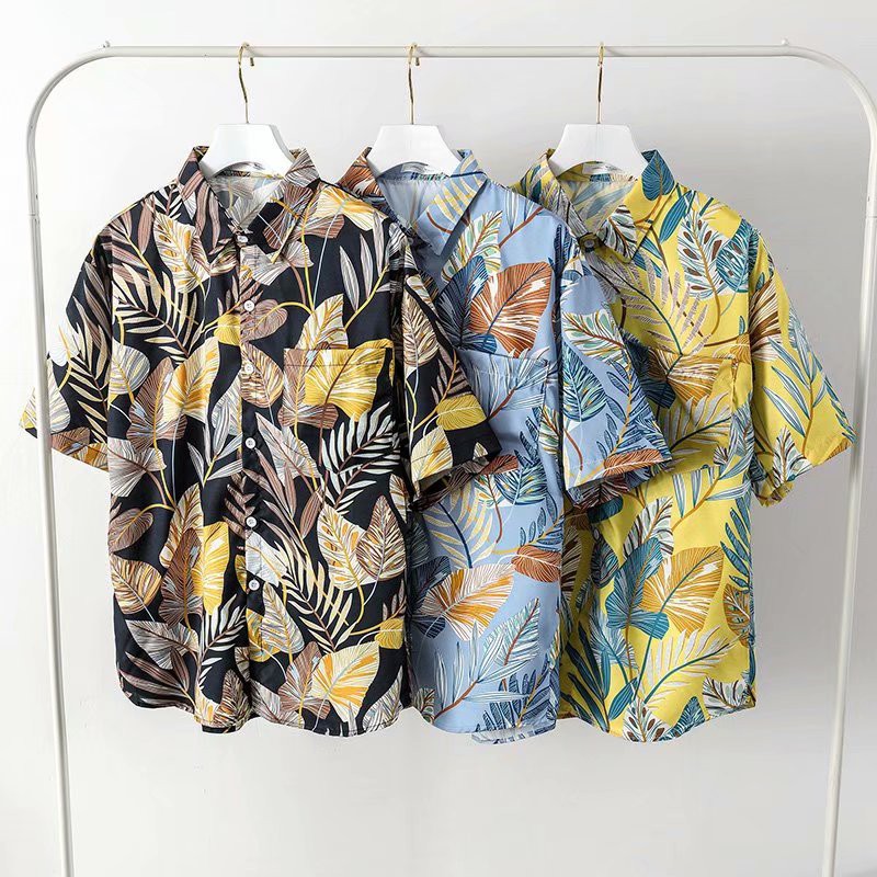 Summer Fashion Men's Summer Leaves Print Short Sleeve Shirt