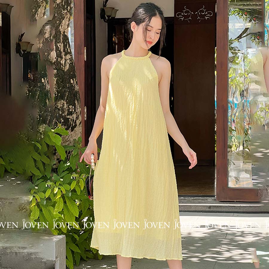 Đầm maxi cổ yếm đan sang chảnh chất thun xốp cao cấp JOVEN, thiết kế suông dáng dài tiểu thư, đi biển đi cafe dạo phố