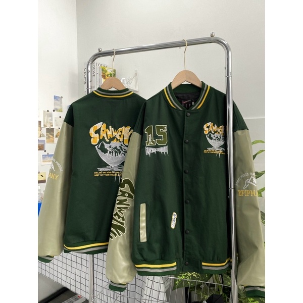 ÁO BOMBER KAKI THÊU PHỐI TAY DA FORM UNISEX NAM NỮ