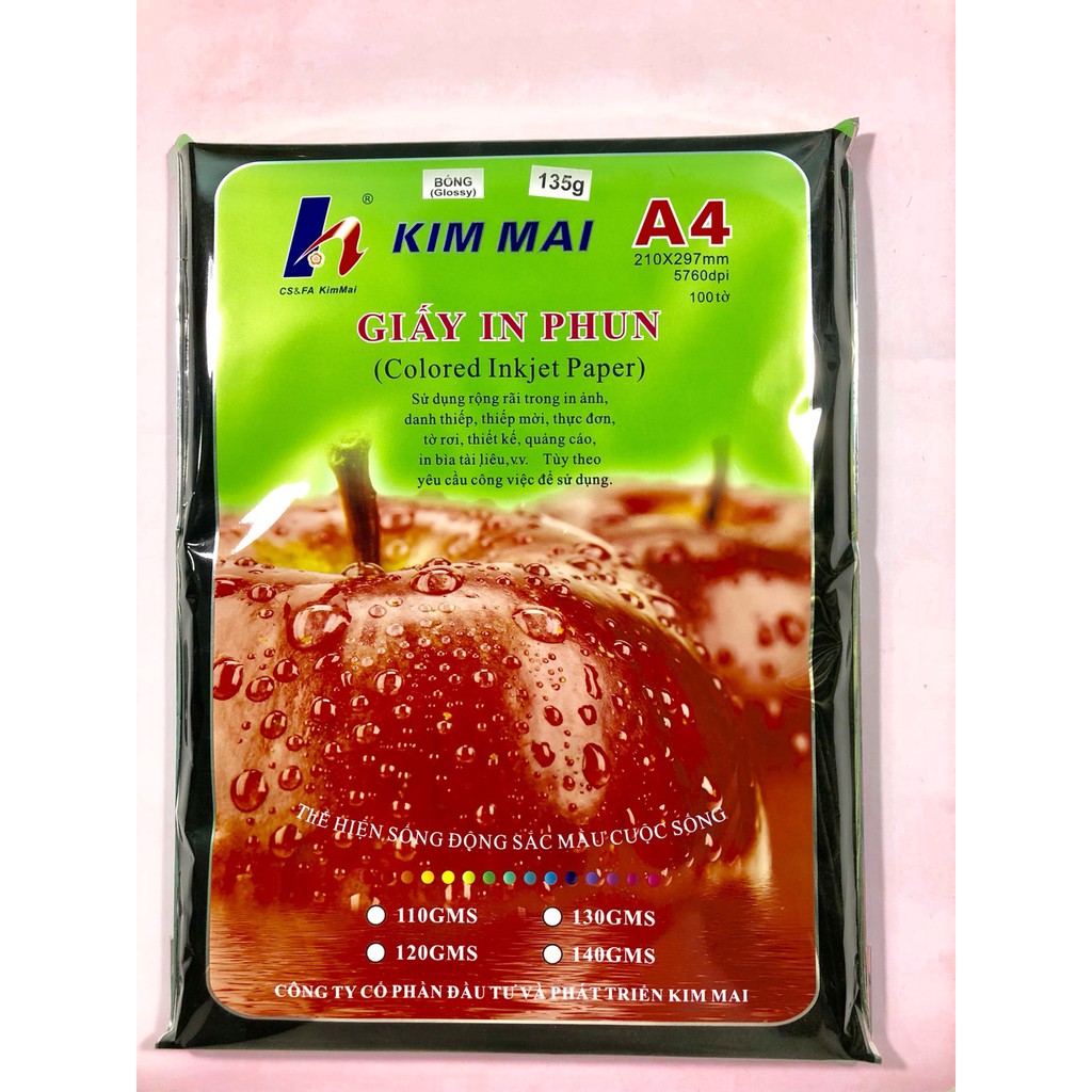 Giấy in ảnh Kim Mai 100 tờ A4 - Định lượng 135 gsm - giấy bóng 1 mặt