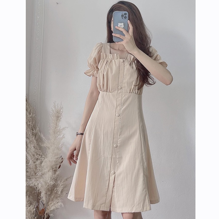 Váy trắng cúc bọc cộc tay cổ vuông - Đầm kỷ yếu tay bồng dáng xoè ulzzang