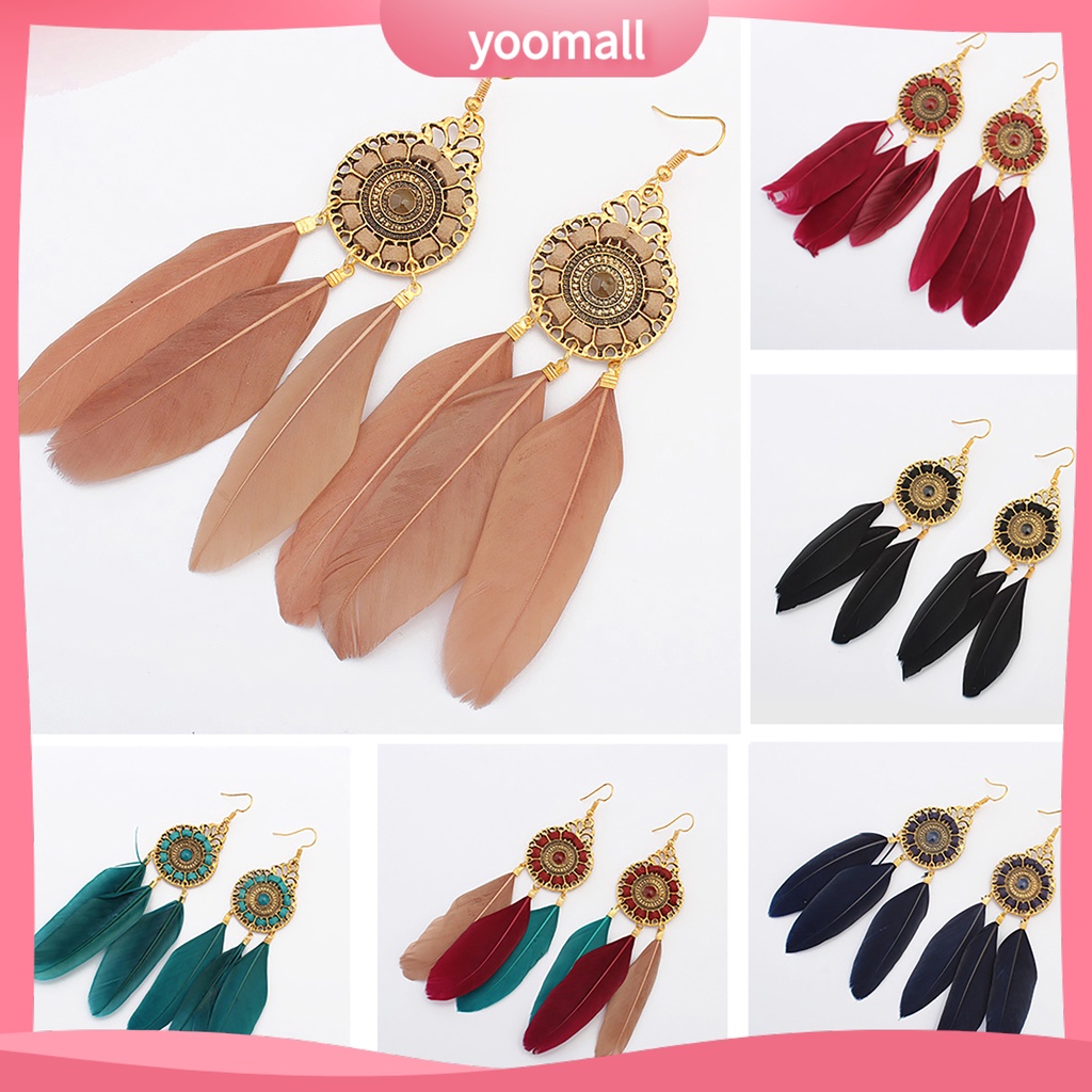 Hoa Tai Dáng Dài Phối Lông Vũ Phong Cách Vintage Cho Nữ