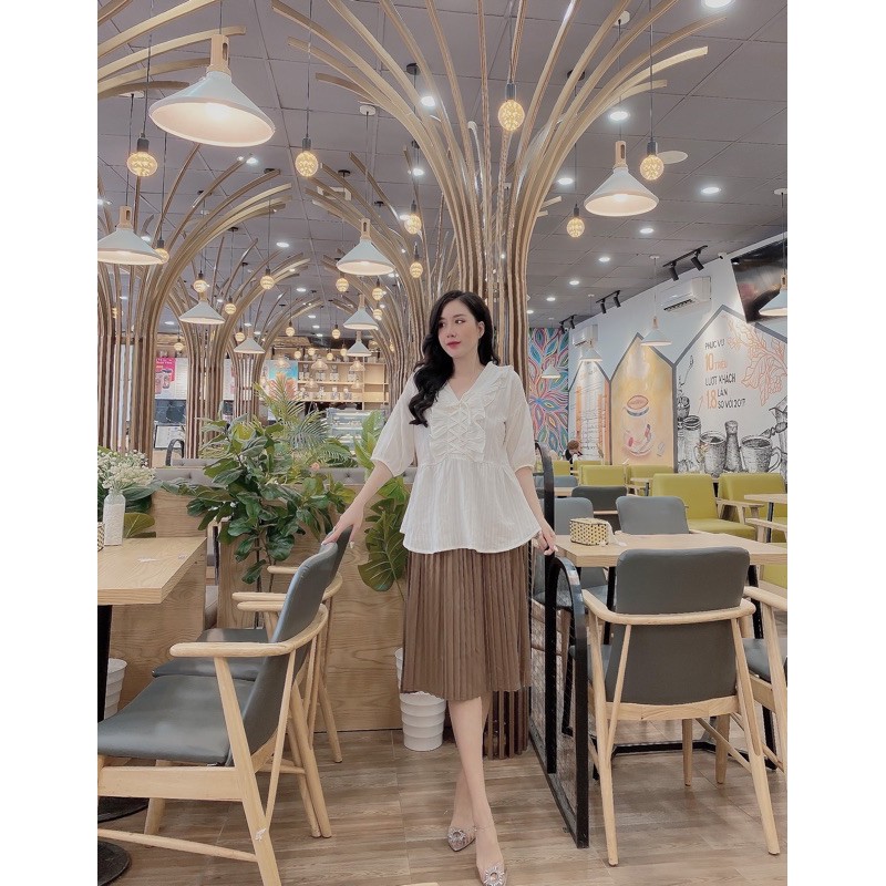 Chân váy bầu dài qua gối dập ly chất chéo Hàn có chun rút điều chỉnh bụng - Màu đen/nâu -  có size 45-75kg