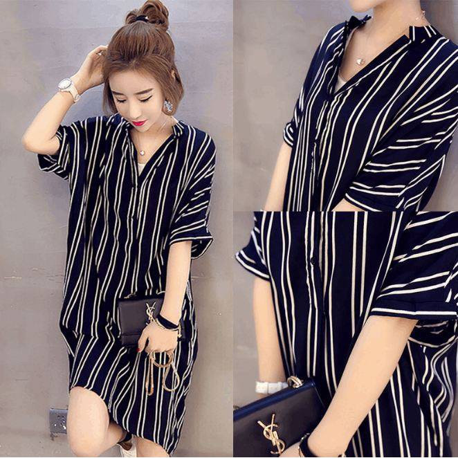 Váy bầu đầm bầu suông big size thời trang ngắn kẻ sọc đen trắng