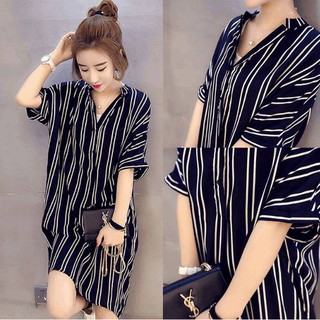 Váy bầu đầm bầu suông big size thời trang ngắn kẻ sọc đen trắng