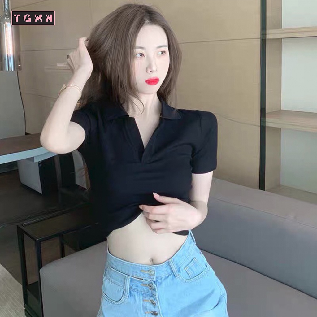 Áo Croptop cổ trụ cách điệu chất liệu thun gân cao cấp TGMN