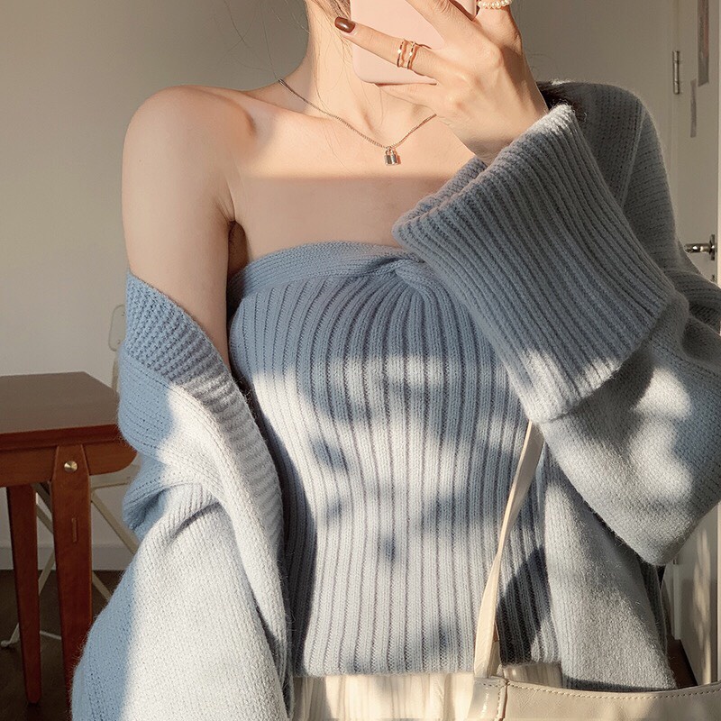 Set áo khoác len cadigan và áo quây len dáng dài form rọng phong cách ulzzang
