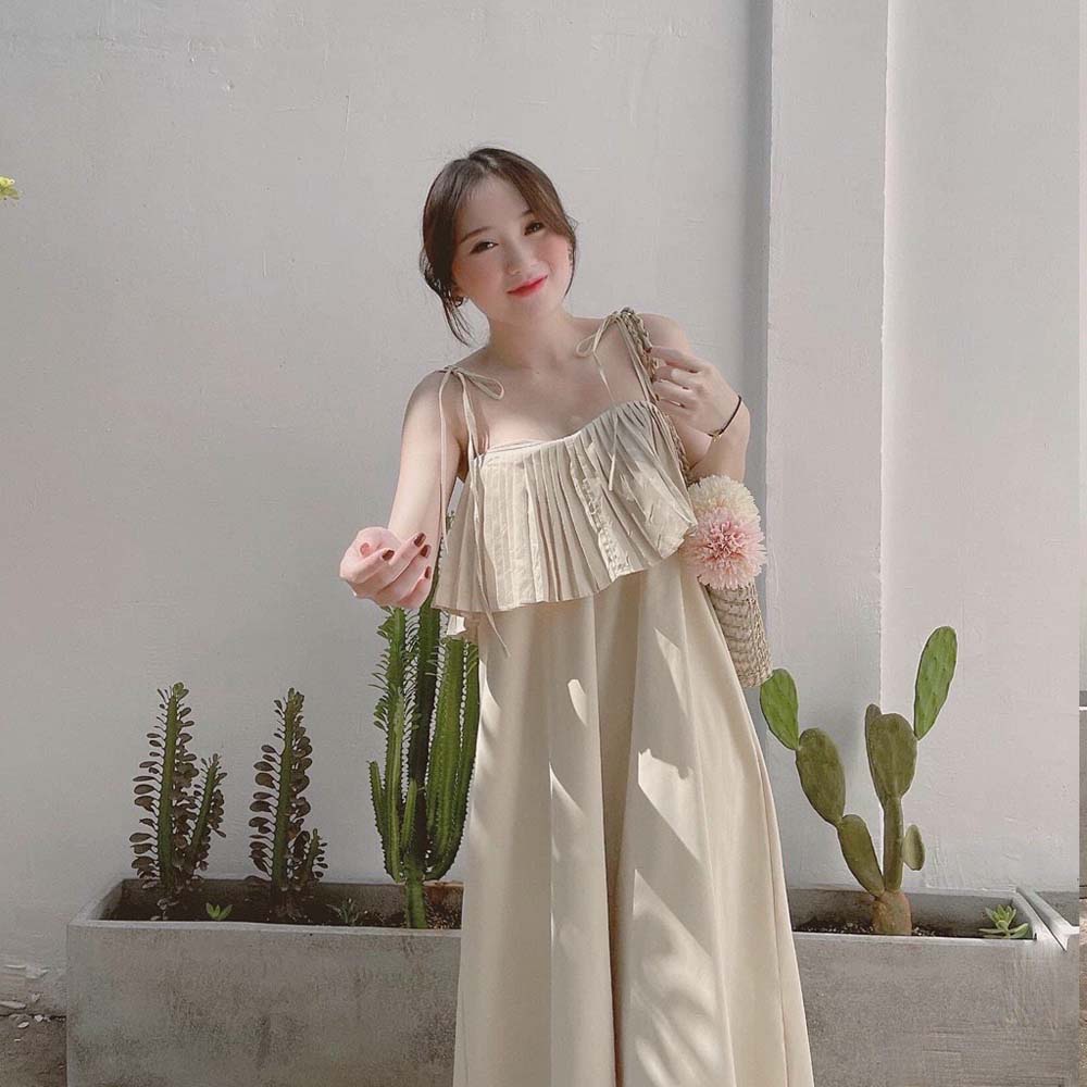 Đầm 2 dây maxi nữ dáng dài xếp li ngực váy dài đẹp đi biển hở lưng trắng nude đi tiệc đi chơi freeszie