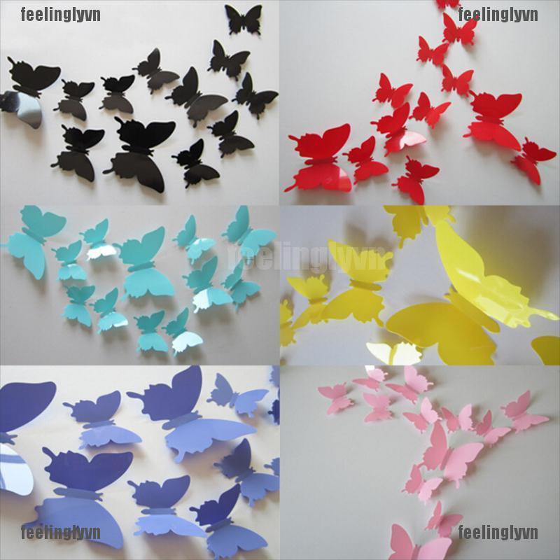 ❤Hàng Đầu❤ Bộ 12 Hình Dán Tường Trang Trí Hình Bướm 3D Xinh Xắn