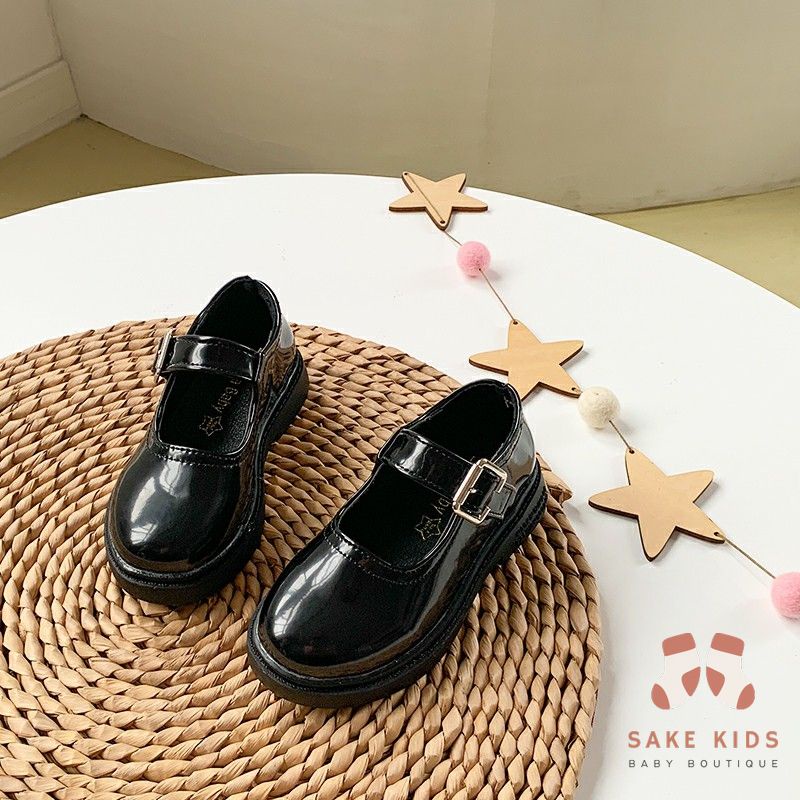 Giày cho bé gái - Giày da cho bé gái phong cách Hàn Quốc da trơn bóng PU mềm mại xinh xắn có quai dán M336