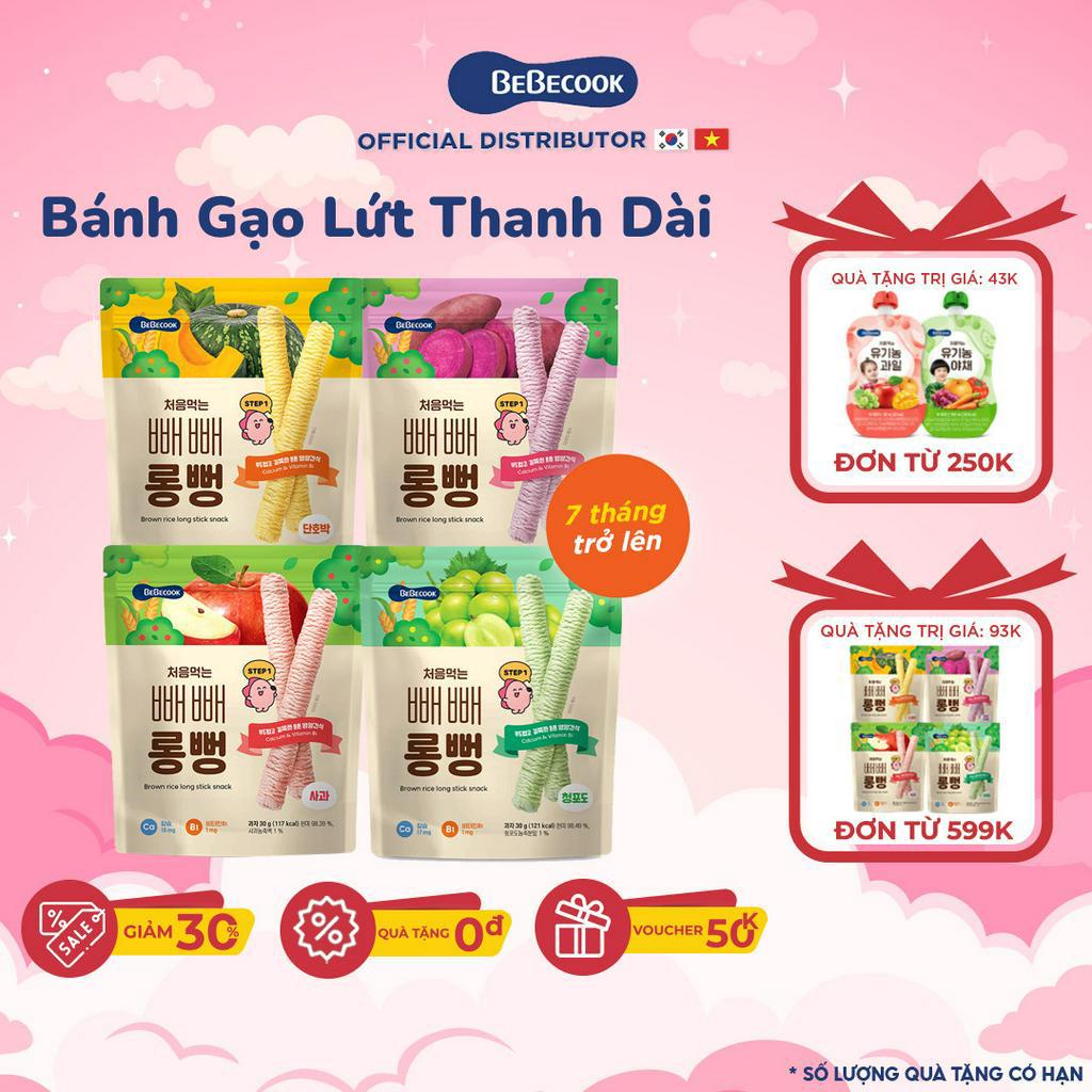Bánh gạo lứt ăn dặm cho bé BeBecook dạng thanh dài nhiều hương vị trái cây bánh tròn vừa vặn tay trẻ khi cầm gói 30gr