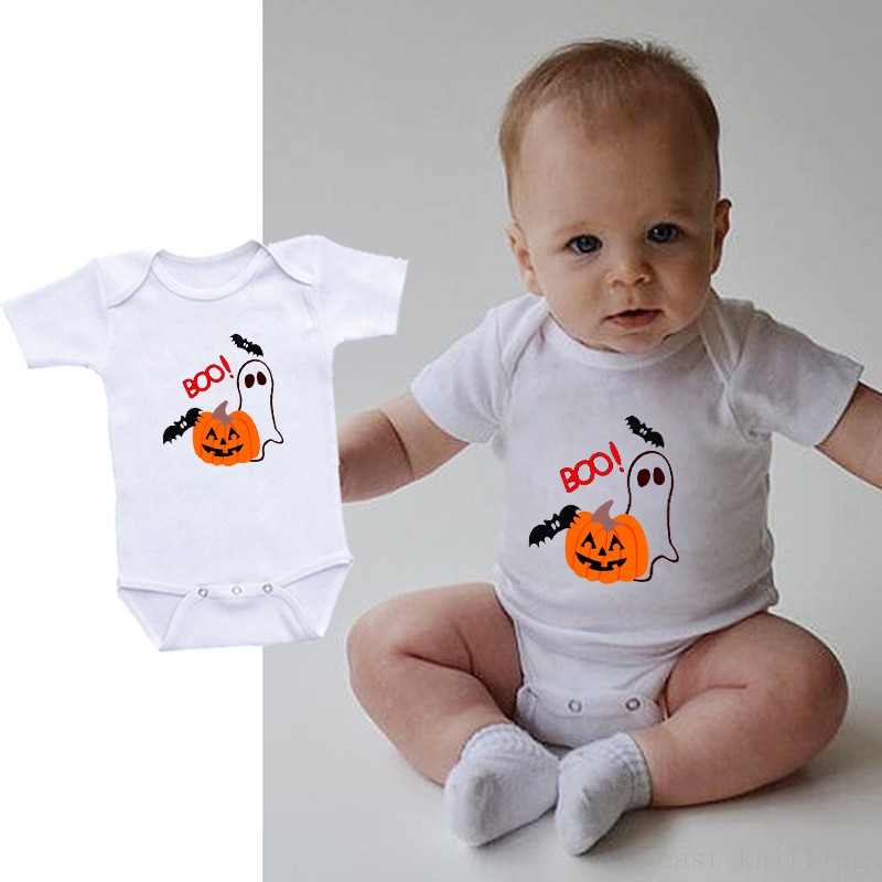 Bộ Áo Liền Quần Ngắn Tay In Hình Bí Ngô Halloween Cho Bé 2020