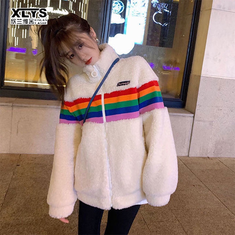 Áo khoác cardigan XINLANYASHE nhung lông cừu dày dặn phối khóa kéo cổ đứng phong cách Hàn Quốc thu đông cho nữ