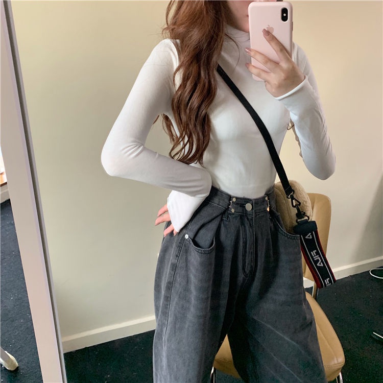 Áo Thun Tay Dài Cổ Cao Dáng Ôm Màu Trơn Đơn Giản Thời Trang Hàn Quốc 2022