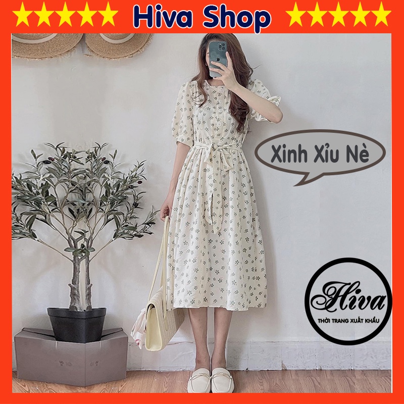 Váy trắng hoa nhí xốp body babydoll tay ngắn đi du lịch biển dây thắt eo bản to vintage , Đầm nữ dự tiệc