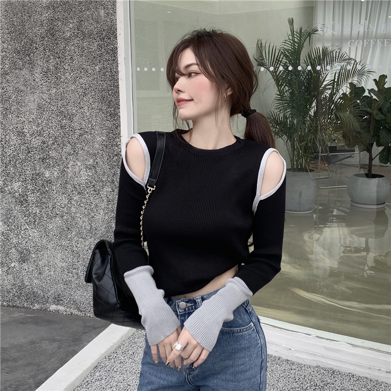 QADCOL Áo thun tay dài thiết kế khoét quyến rũ thích hợp cho phái nữ